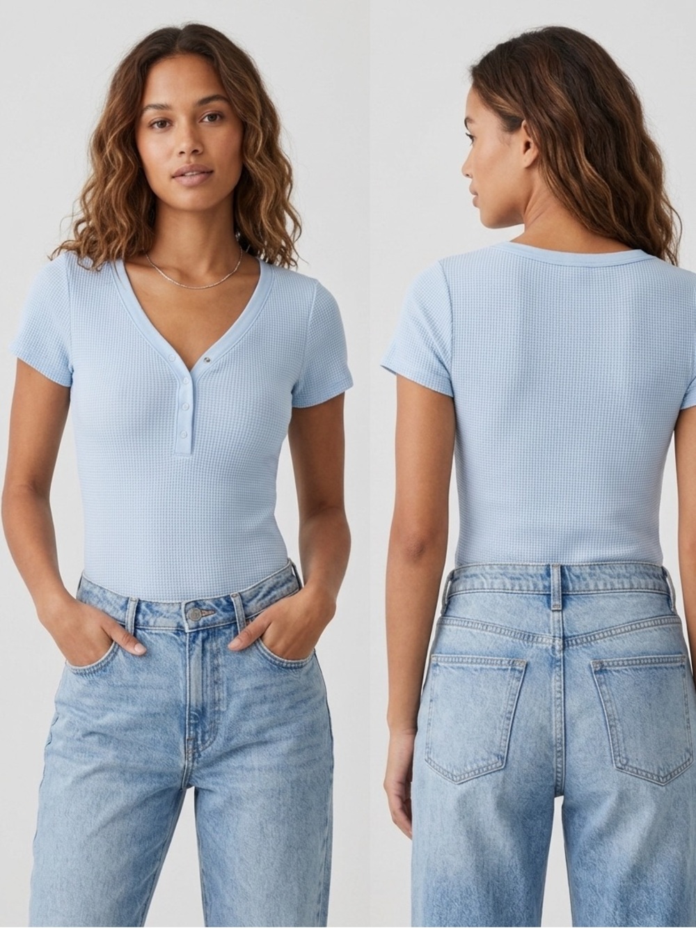 Forever 21 Light Blue Waffle Henley Short Sleeve Bodysuit